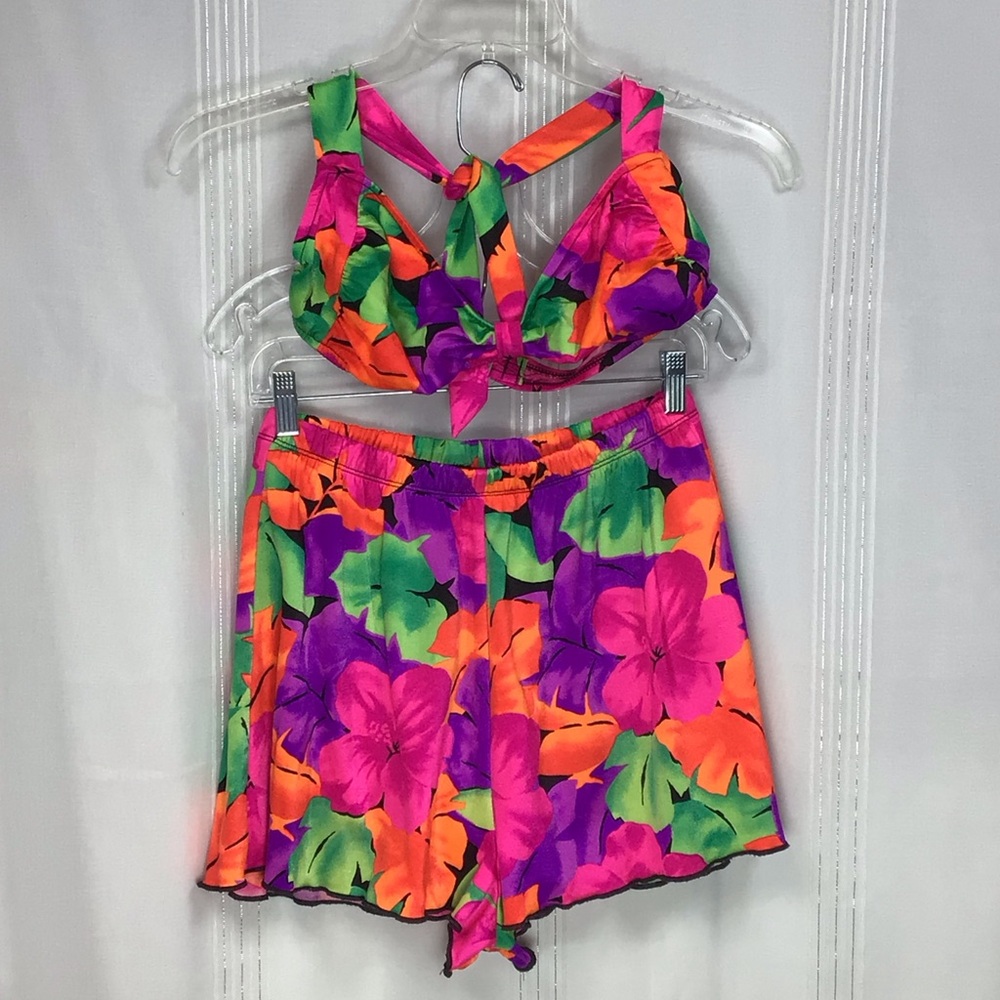 VTG 🌺 Sun Bound Neon Tropical Floral Halter Bikini Set Sz.14